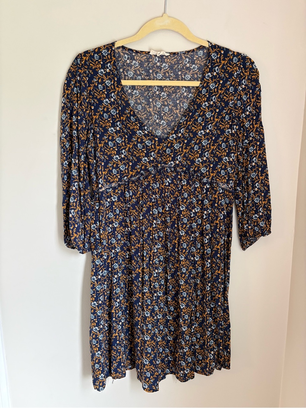 Jane and Delancey Navy Mini Dress with Mustard and Light Blue Floral Print